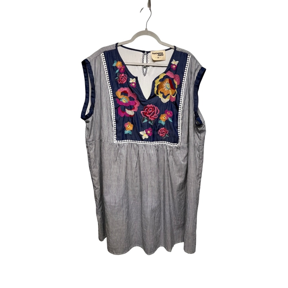 Savanna Jane Blue White Striped Floral Embroidered Tunic Shirt Dress 3X